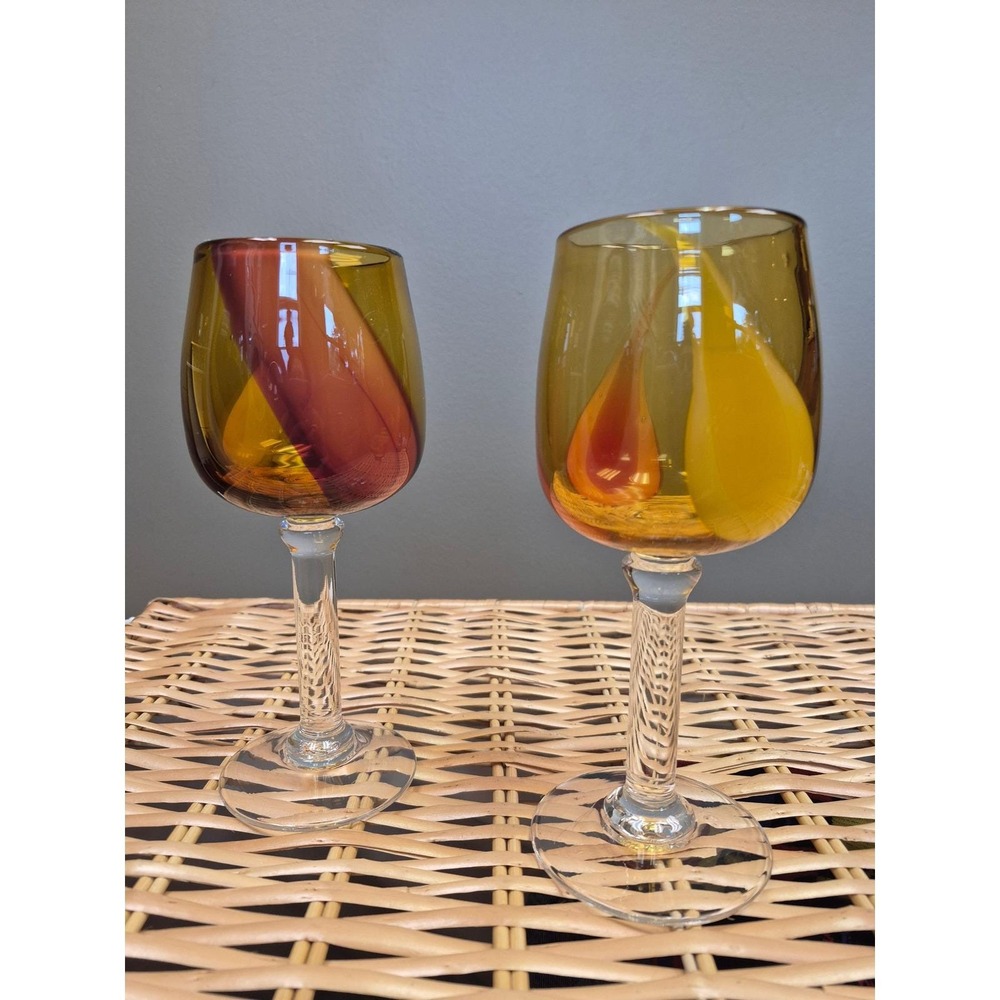 Vintage Hand Blown Art Glass Wine Goblets Set of 2 Amber Pink Yellow Mid Century